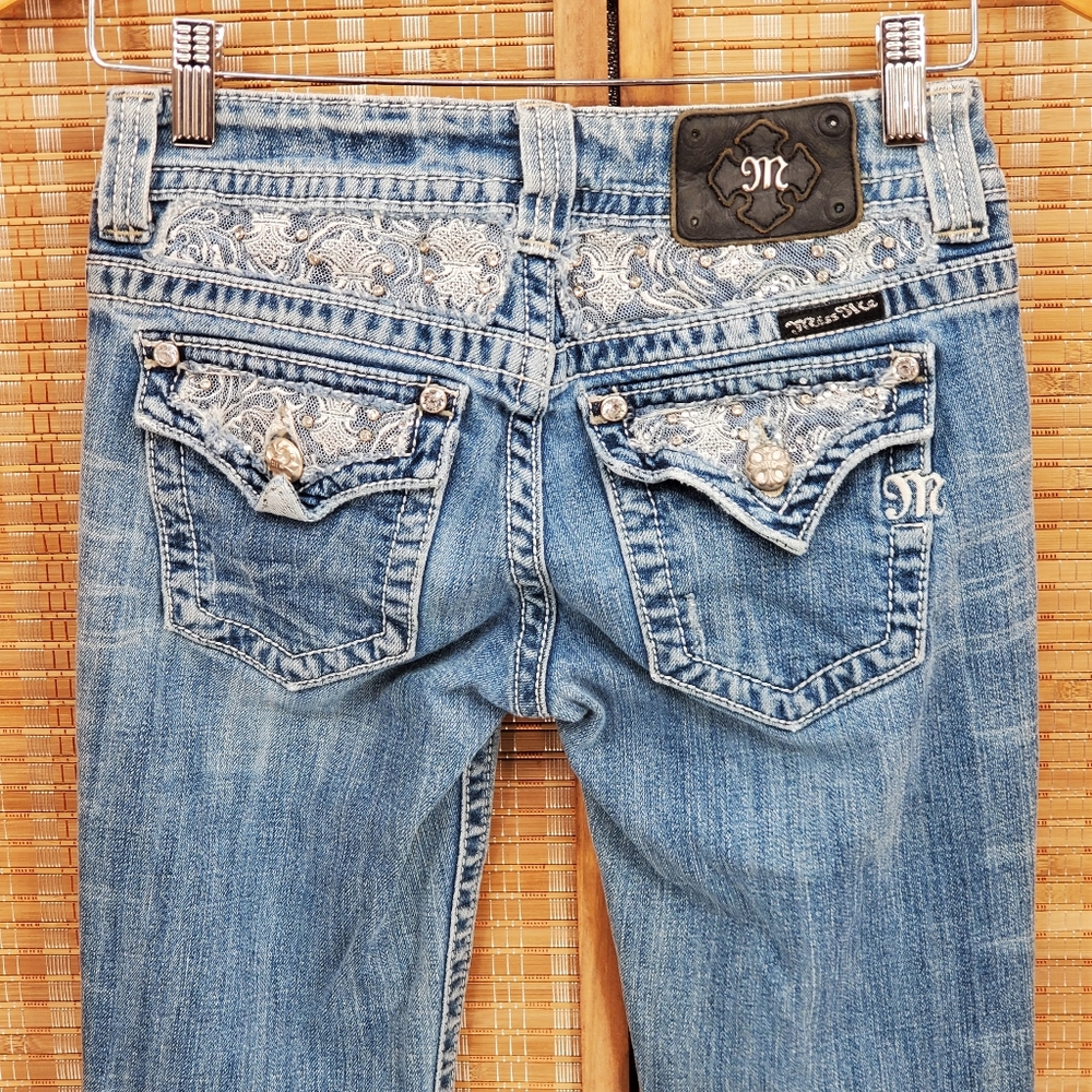 ♡ Miss Me Jeans Denim Easy Blue Boot Cut Embroidered Rhinestone  Size 27